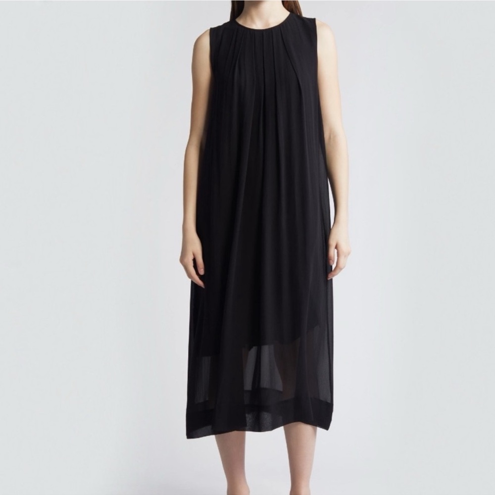 New Eileen Fisher Pleated Jewel Neck Silk Midi Shift Dress in Black Size medium